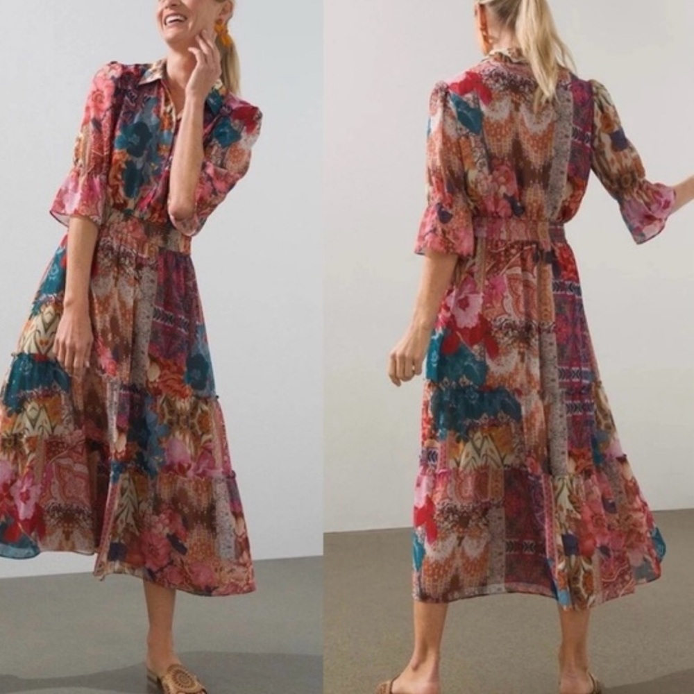 Chico's Tapestry Print Tiered Ruffled Shirt Dress Midi Boho Floral Size 2 U.S 12